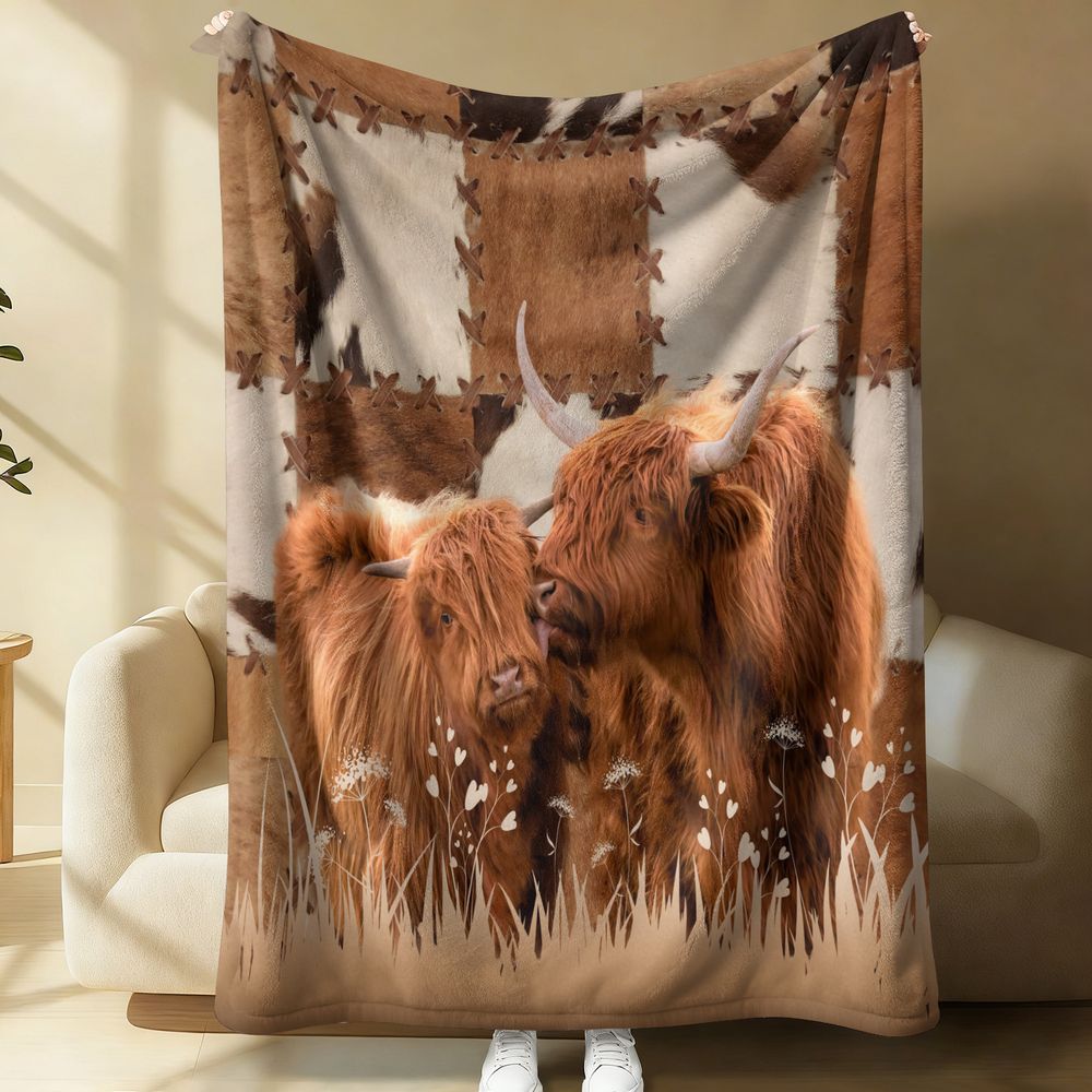 Highland Home Textiles - ผ้าห่มขนแกะพิมพ์ลายวัวไฮแลนด์ ผ้าฟลานเนลลายสัตว์เลี้ยงในฟาร์ม ให้ความอบอุ่น นุ่มสบาย เหมาะเป็นของขวัญสำหรับครอบครัว ใช้คลุมโซฟา