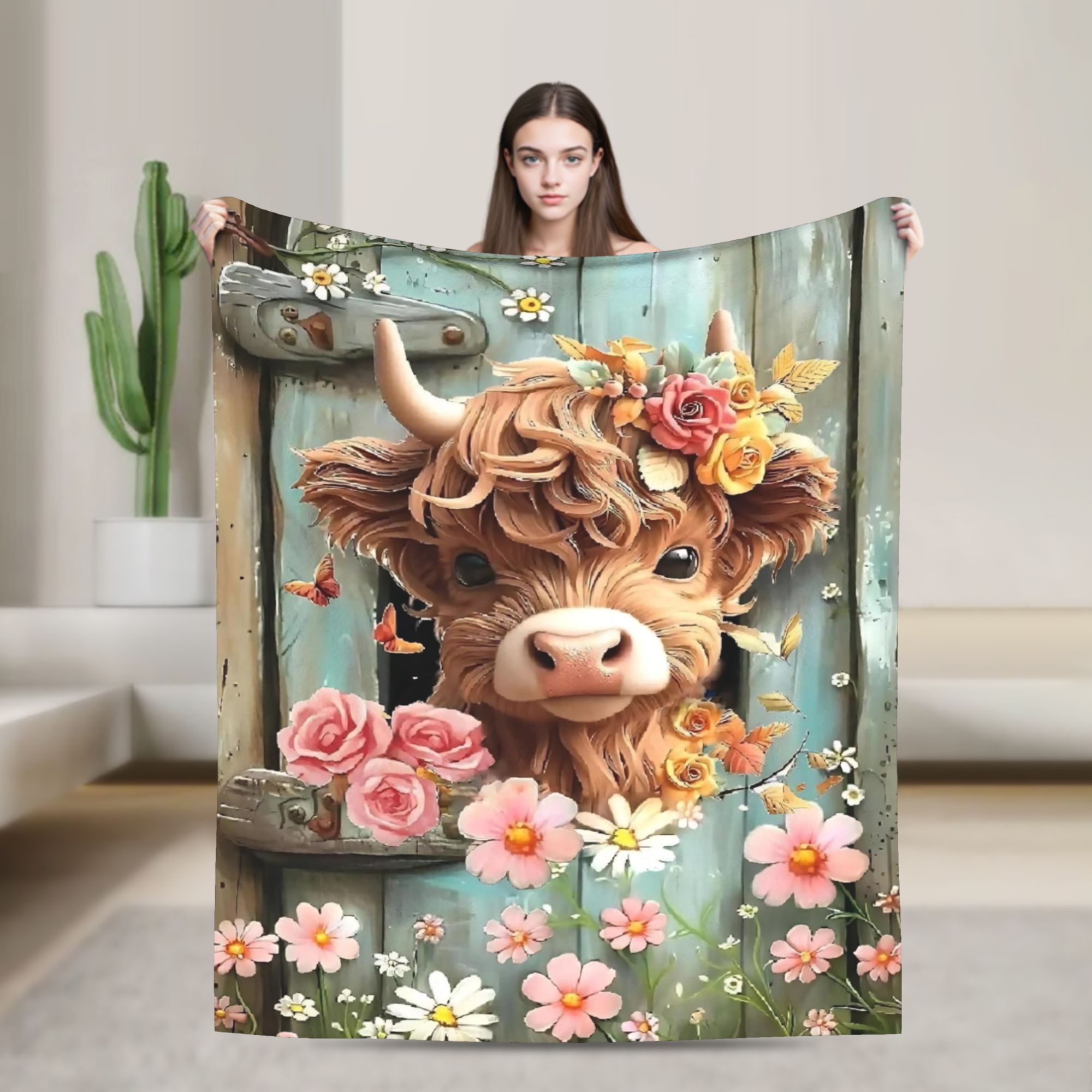 Highland Home Textiles - ผ้าห่มลายดอกไม้สไตล์โบโฮลายวัวไฮแลนด์ ผ้ากำมะหยี่ตกแต่งเนื้อผ้านุ่มพิเศษ ระบายอากาศได้ดี เหมาะสำหรับใช้บนเตียงและในสำนักงาน