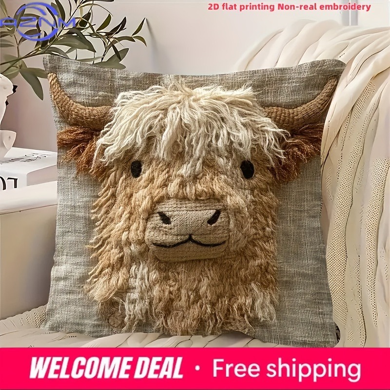 Highland Home Textiles - ปลอกหมอนพิมพ์ลาย 2D ลายวัวไฮแลนด์น่ารักสำหรับตกแต่งบ้าน ปลอกหมอนอิงโซฟา ของตกแต่งบ้าน พิมพ์