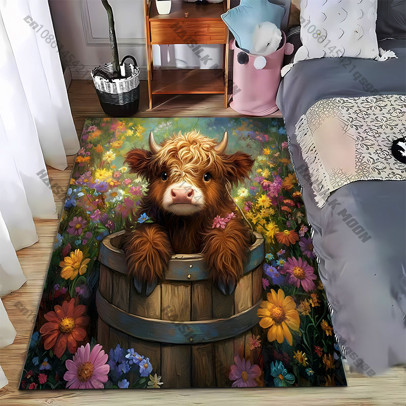 Highland Home Textiles - พรมลายดอกไม้ไฮแลนด์ ลายวัว ลายถังไม้ สำหรับห้องนั่งเล่น ห้องโยคะ ตกแต่งห้อง